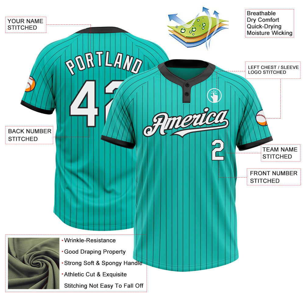 Custom Aqua Black Pinstripe White Two-Button Unisex Softball Jersey view 3