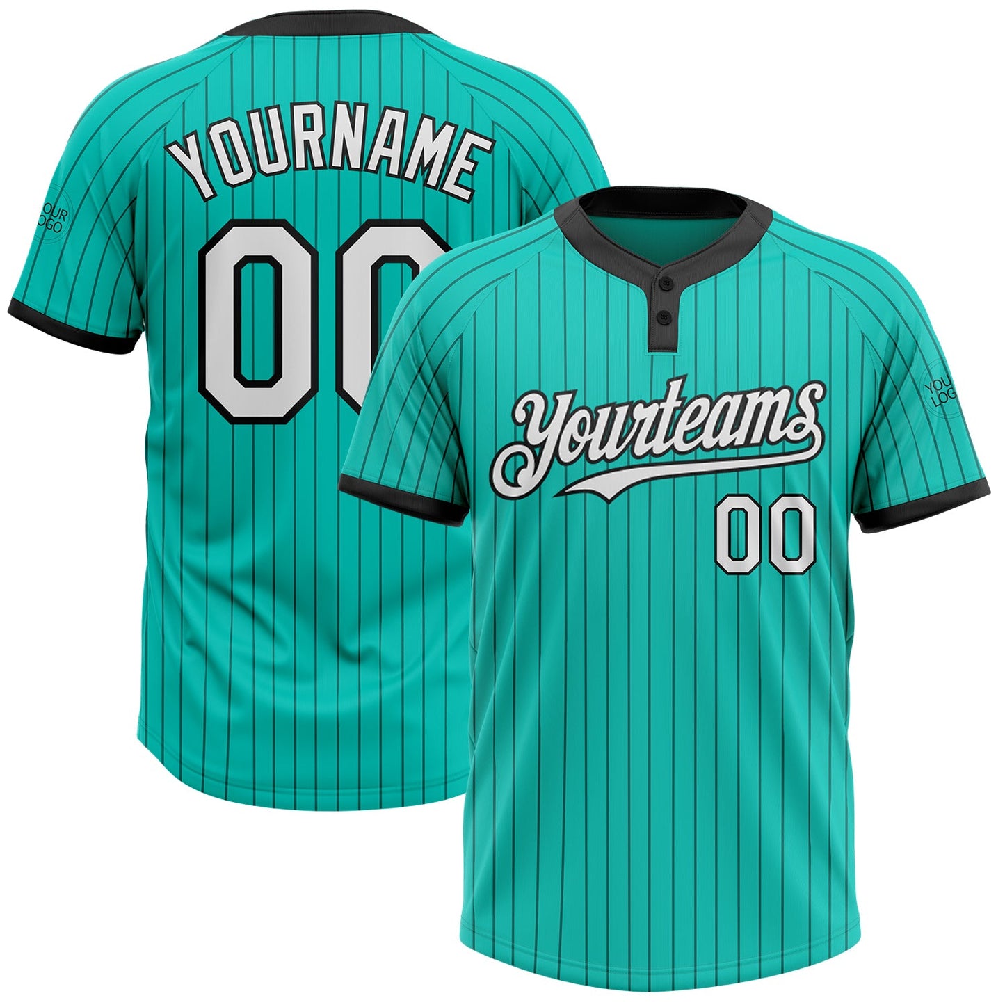 Custom Aqua Black Pinstripe White Two-Button Unisex Softball Jersey - Main View