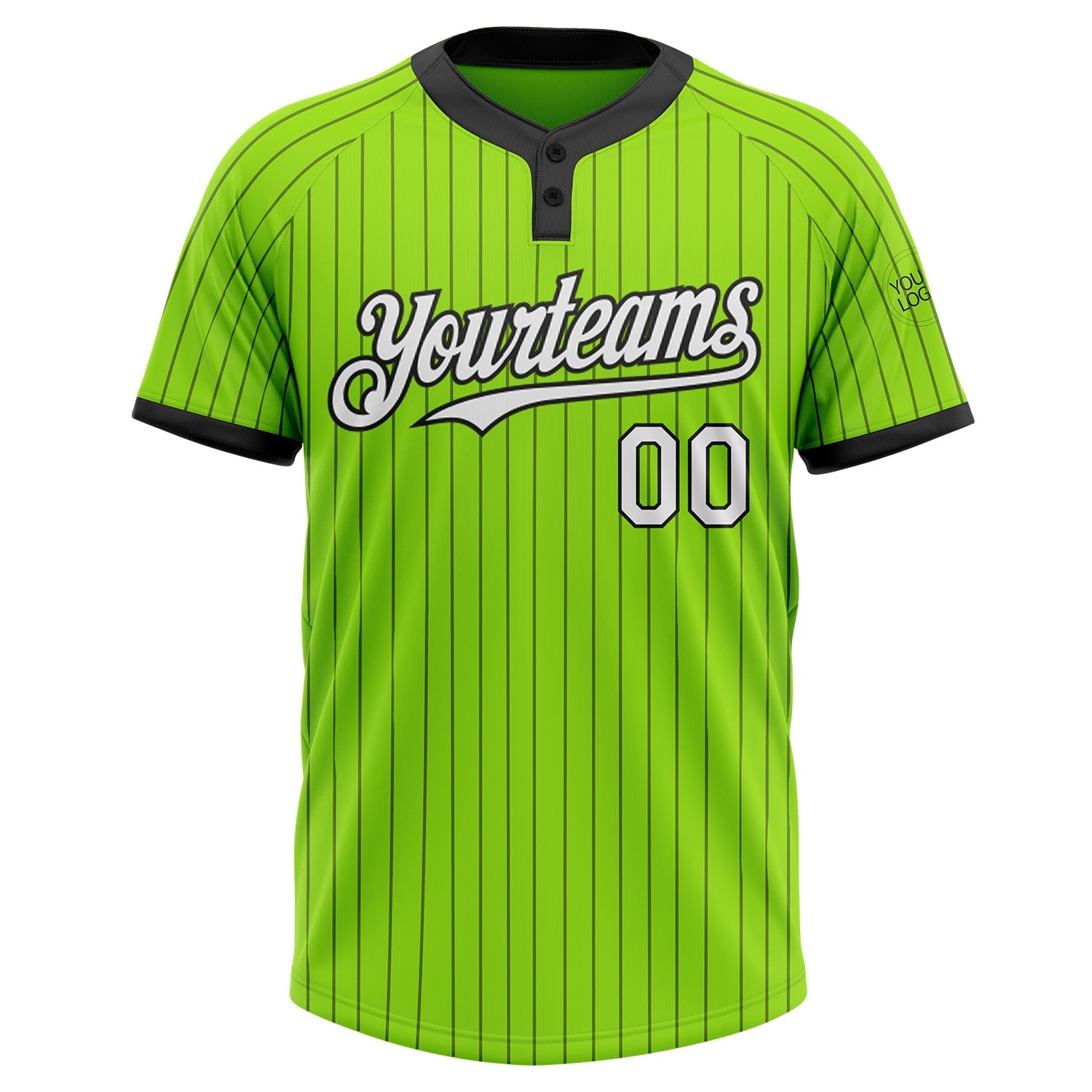 Custom Neon Green Black Pinstripe White Two-Button Unisex Softball Jersey view 2