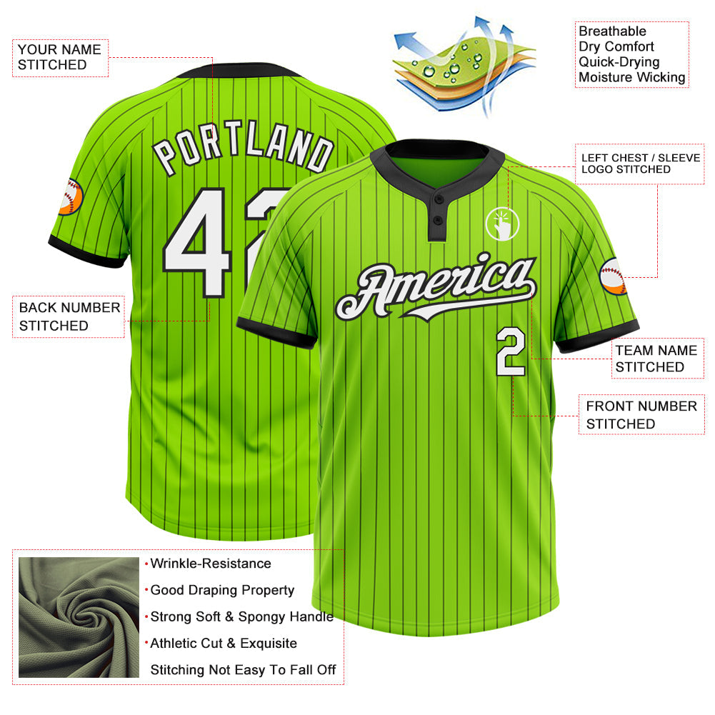 Custom Neon Green Black Pinstripe White Two-Button Unisex Softball Jersey view 3