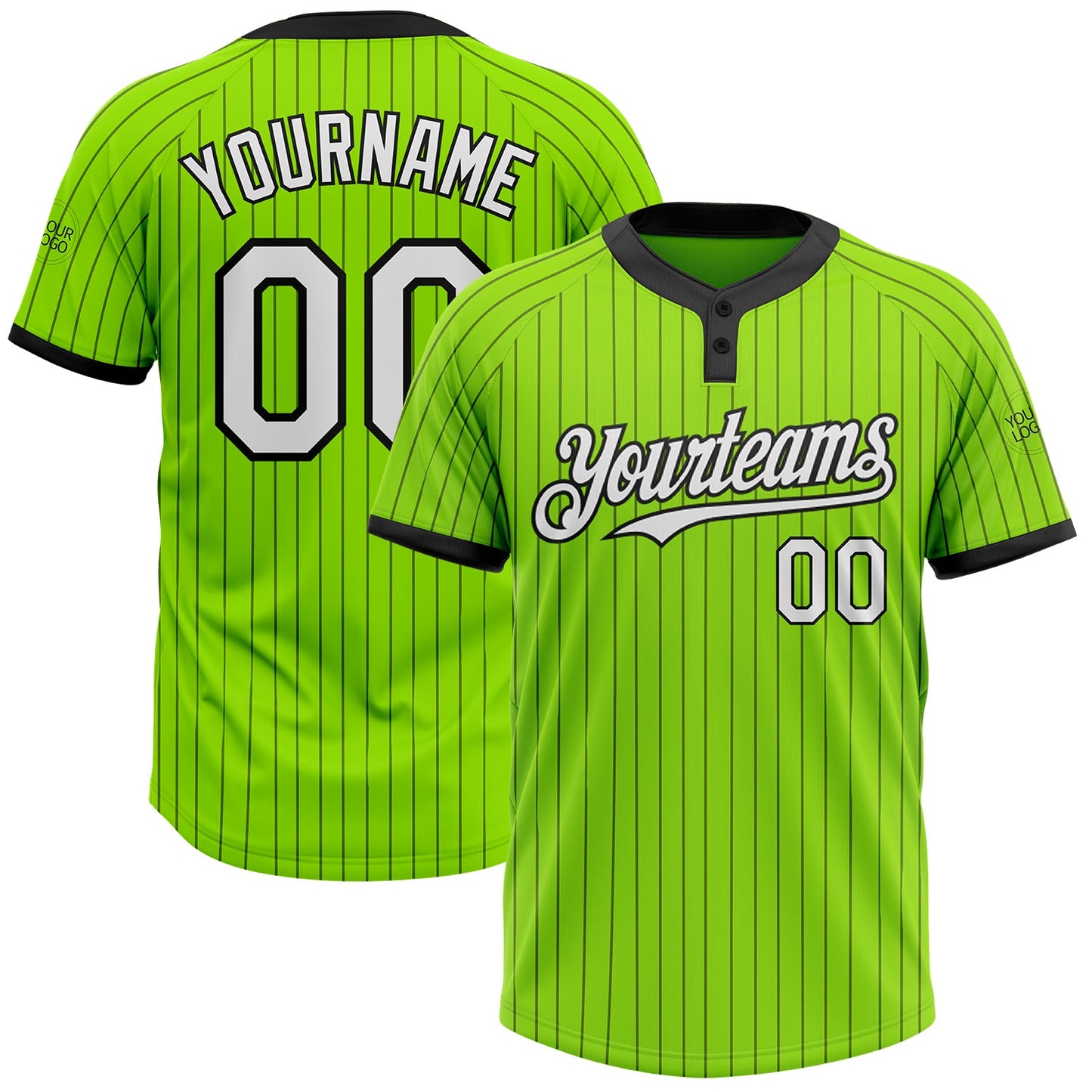 Custom Neon Green Black Pinstripe White Two-Button Unisex Softball Jersey - Main View