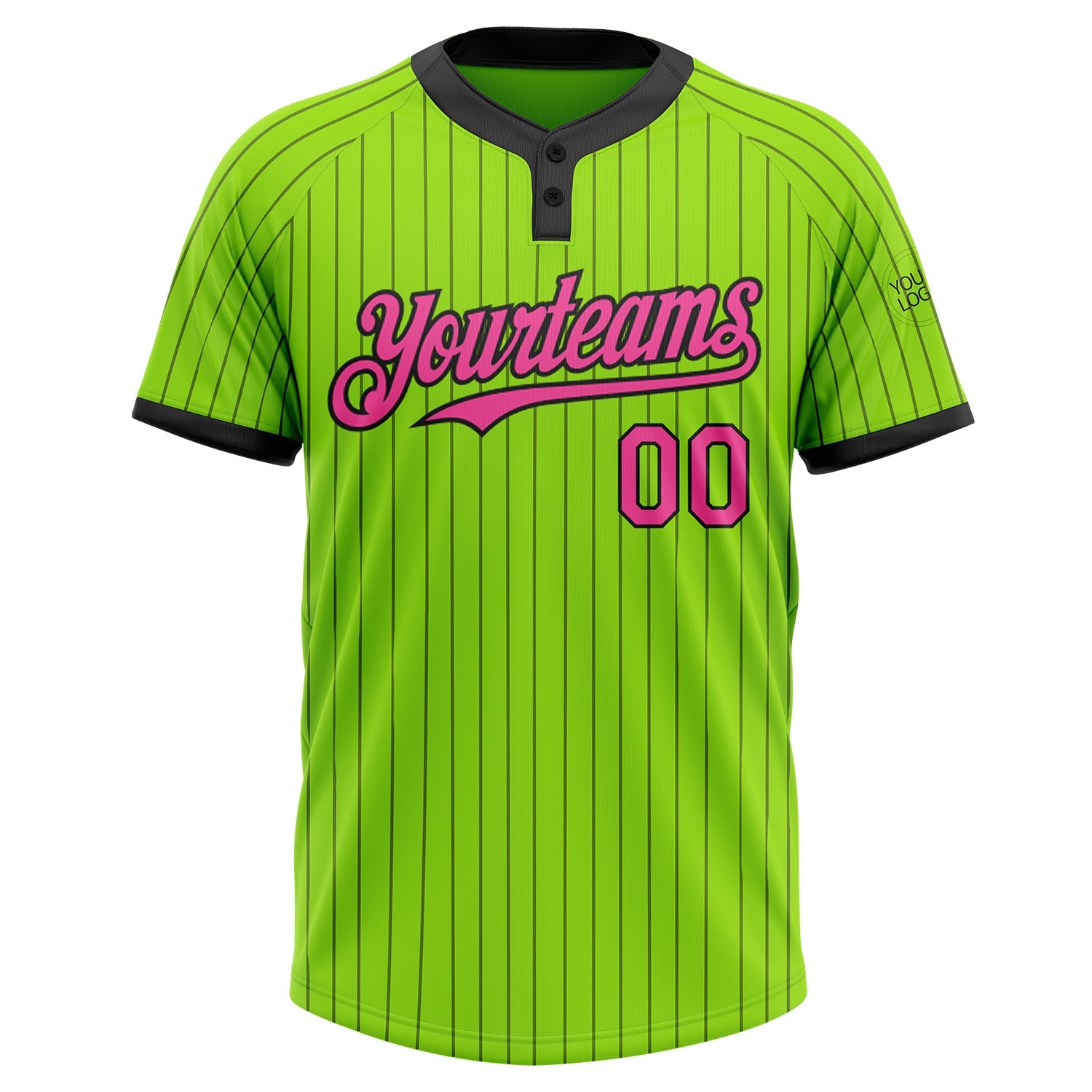 Custom Neon Green Black Pinstripe Pink Two-Button Unisex Softball Jersey view 2