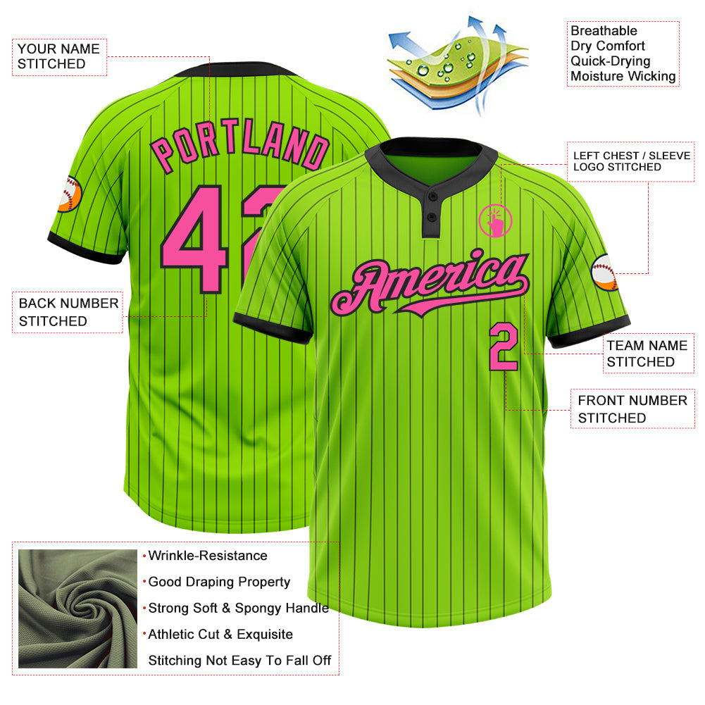 Custom Neon Green Black Pinstripe Pink Two-Button Unisex Softball Jersey view 3