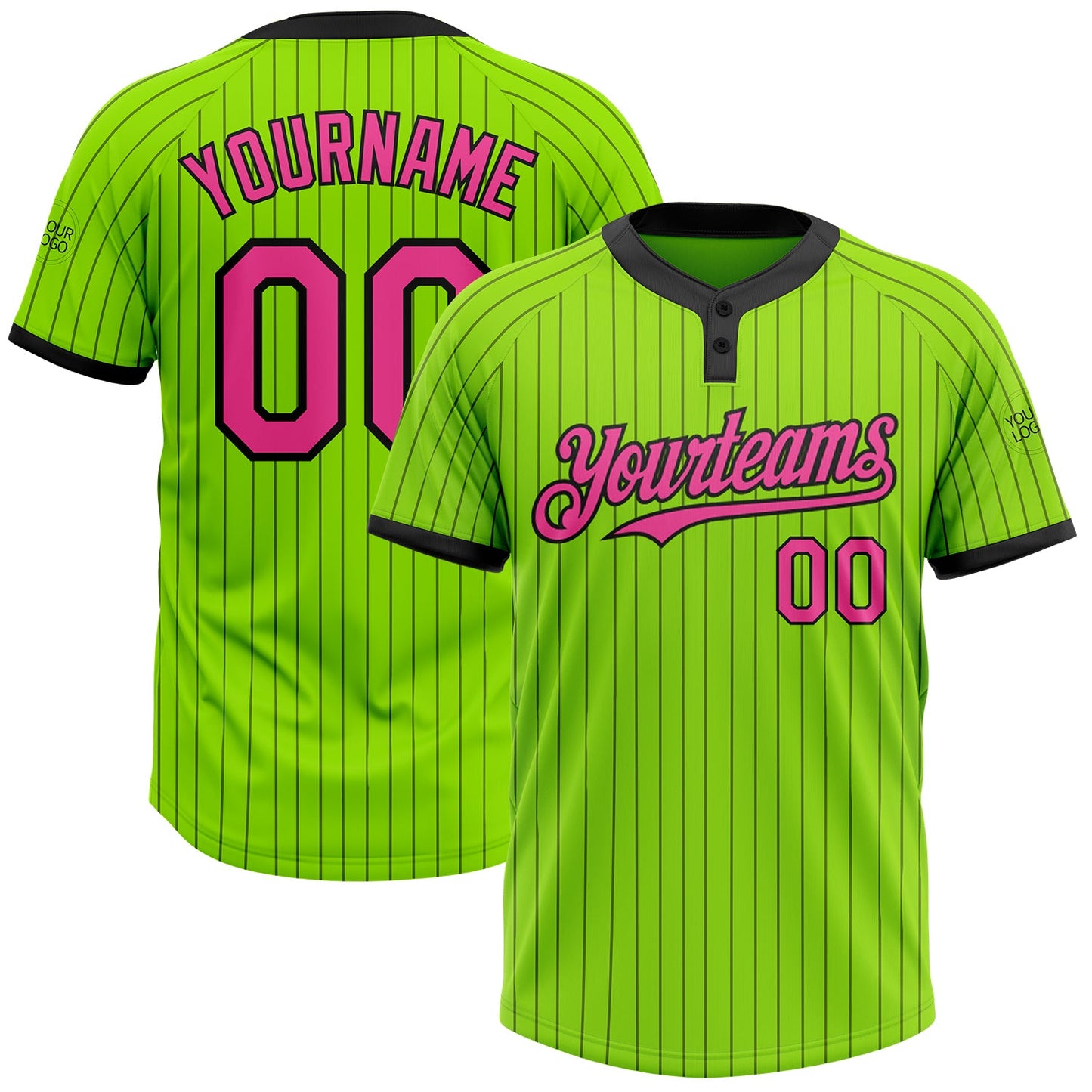 Custom Neon Green Black Pinstripe Pink Two-Button Unisex Softball Jersey - Main View