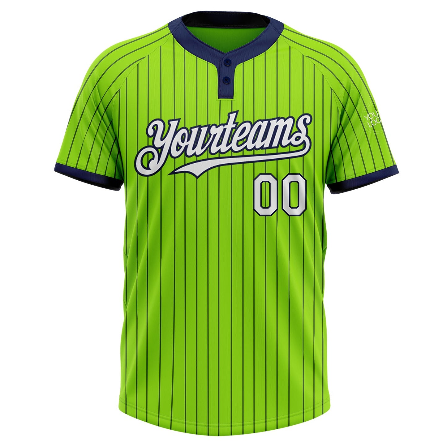 Custom Neon Green Navy Pinstripe White Two-Button Unisex Softball Jersey view 2
