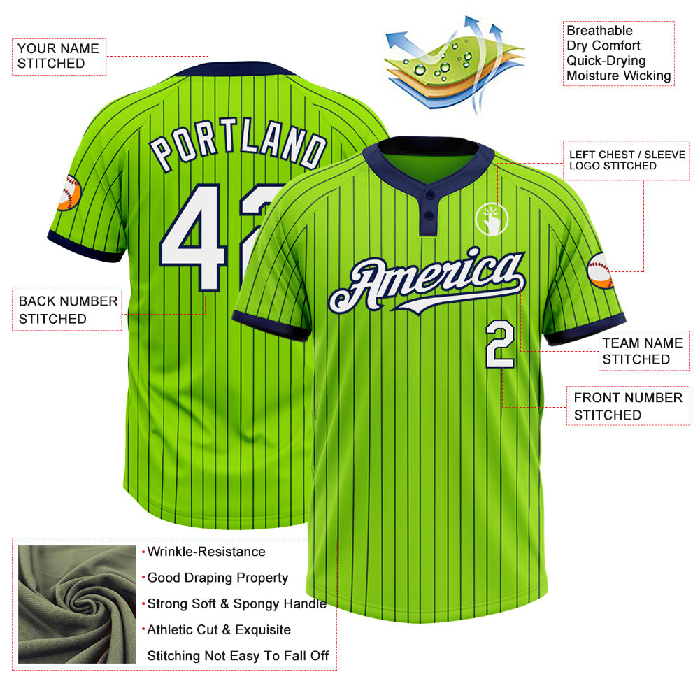 Custom Neon Green Navy Pinstripe White Two-Button Unisex Softball Jersey view 3