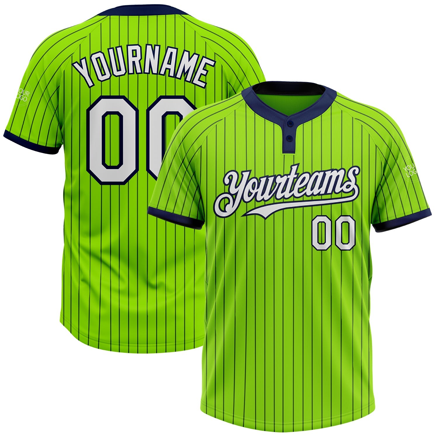 Custom Neon Green Navy Pinstripe White Two-Button Unisex Softball Jersey - Main View