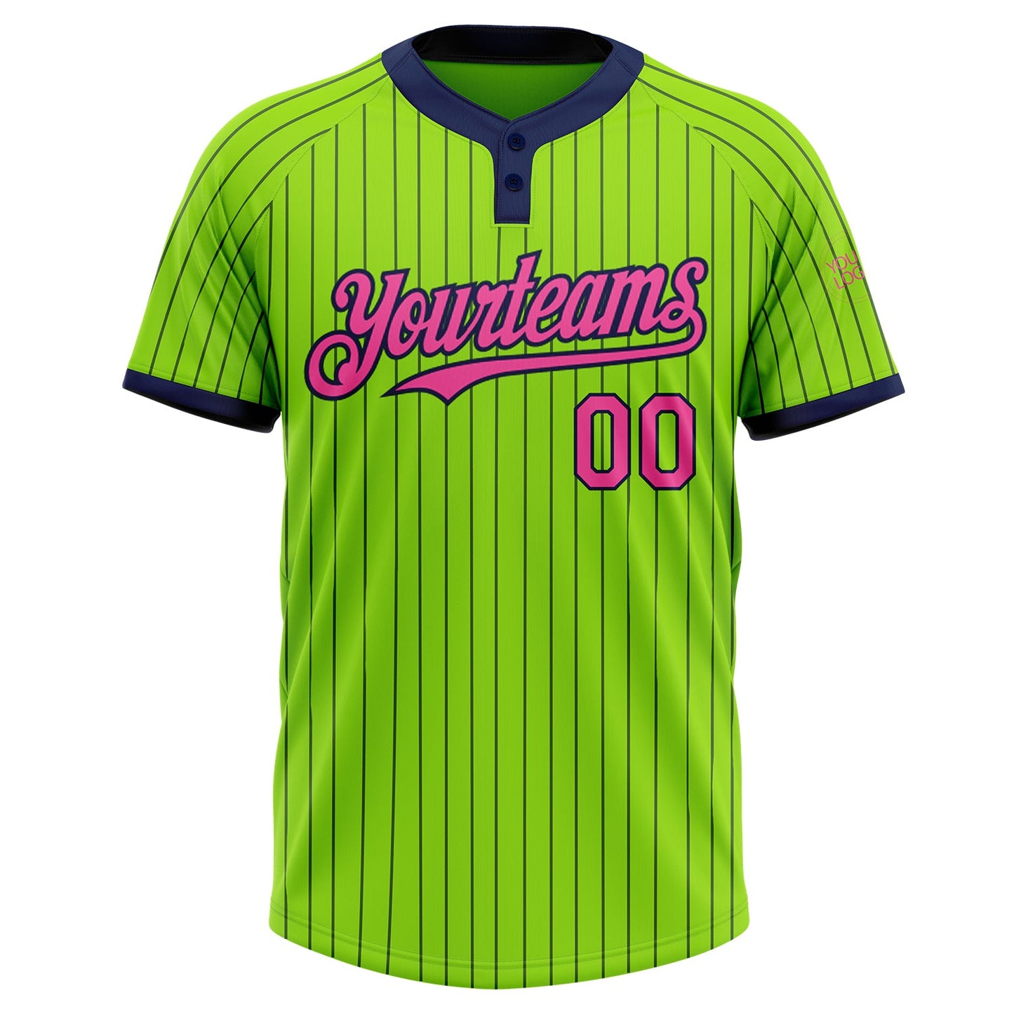 Custom Neon Green Navy Pinstripe Pink Two-Button Unisex Softball Jersey view 2