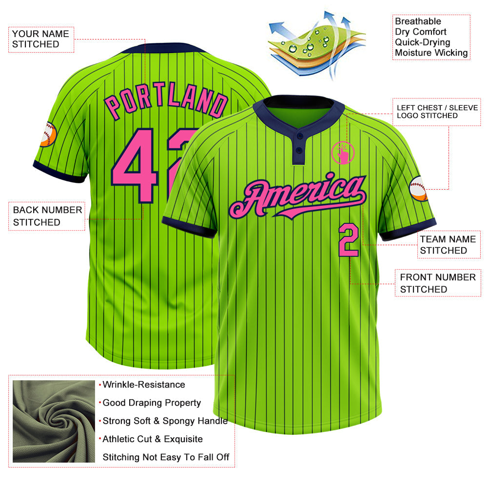 Custom Neon Green Navy Pinstripe Pink Two-Button Unisex Softball Jersey view 3