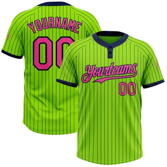 Custom Neon Green Navy Pinstripe Pink Two-Button Unisex Softball Jersey - Main View