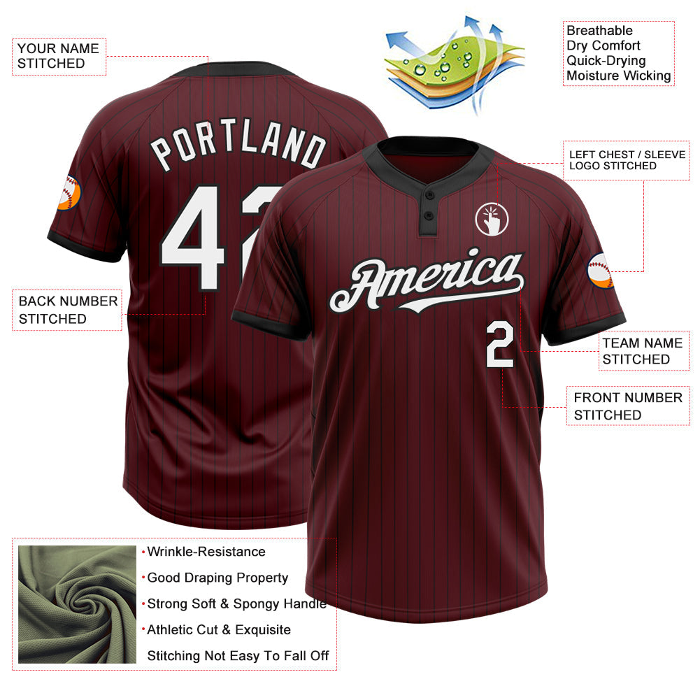 Custom Burgundy Black Pinstripe White Two-Button Unisex Softball Jersey view 3