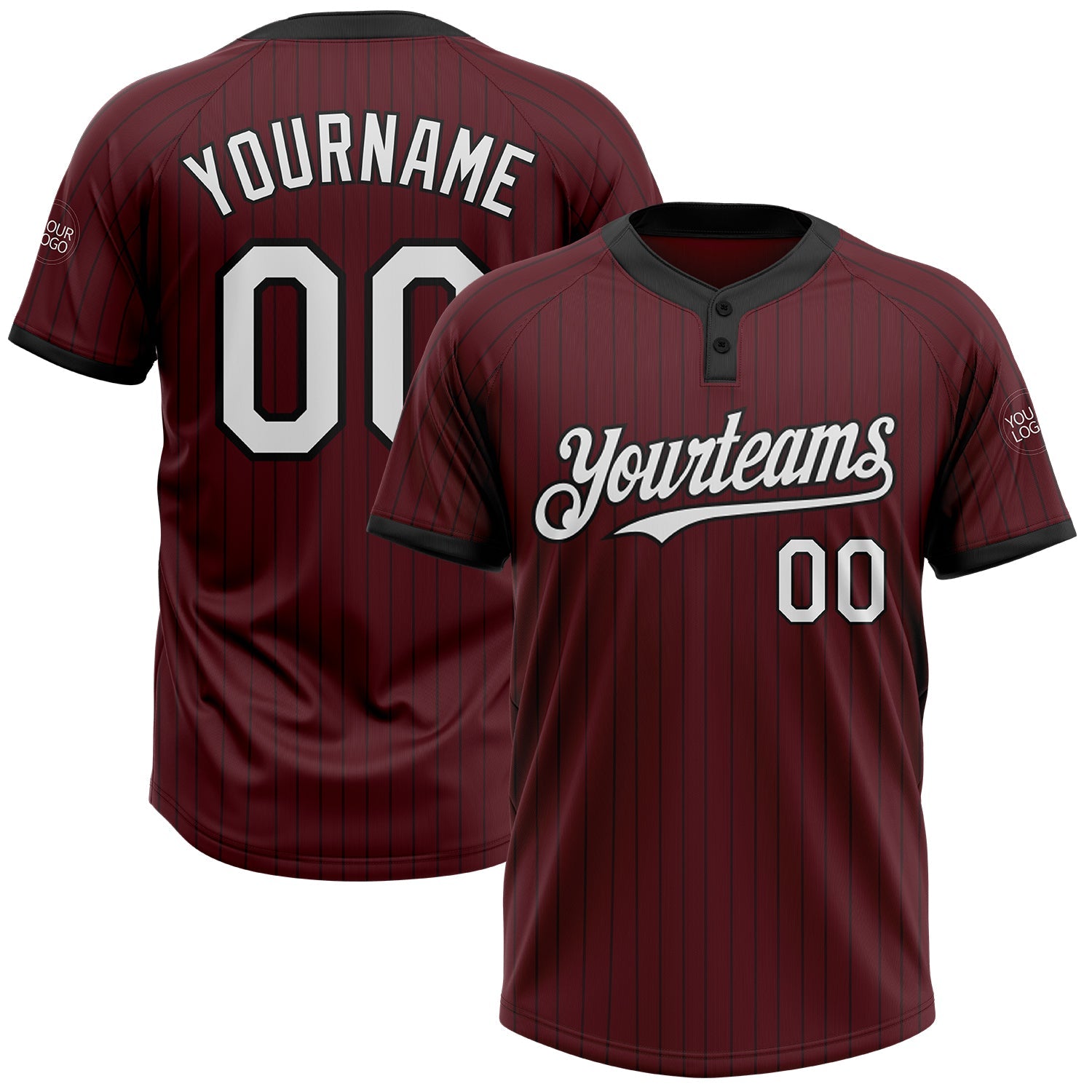 Custom Burgundy Black Pinstripe White Two-Button Unisex Softball Jersey - Main View