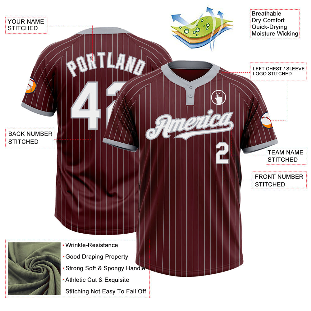 Custom Burgundy Gray Pinstripe White Two-Button Unisex Softball Jersey view 3