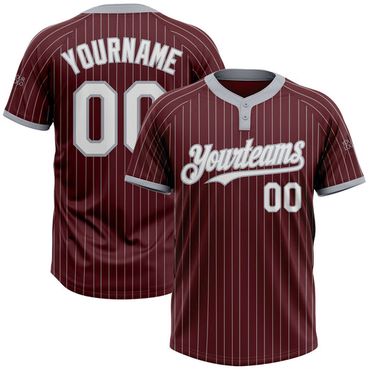 Custom Burgundy Gray Pinstripe White Two-Button Unisex Softball Jersey - Main View