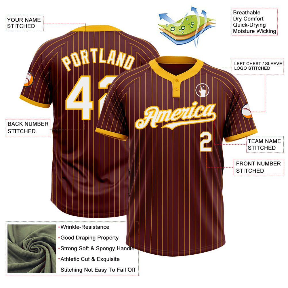 Custom Burgundy Gold Pinstripe White Two-Button Unisex Softball Jersey view 3