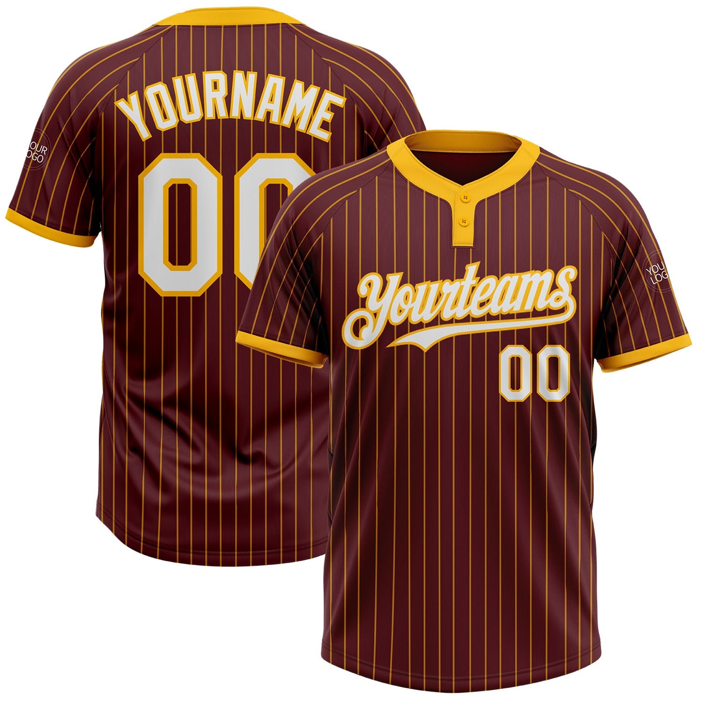 Custom Burgundy Gold Pinstripe White Two-Button Unisex Softball Jersey - Main View