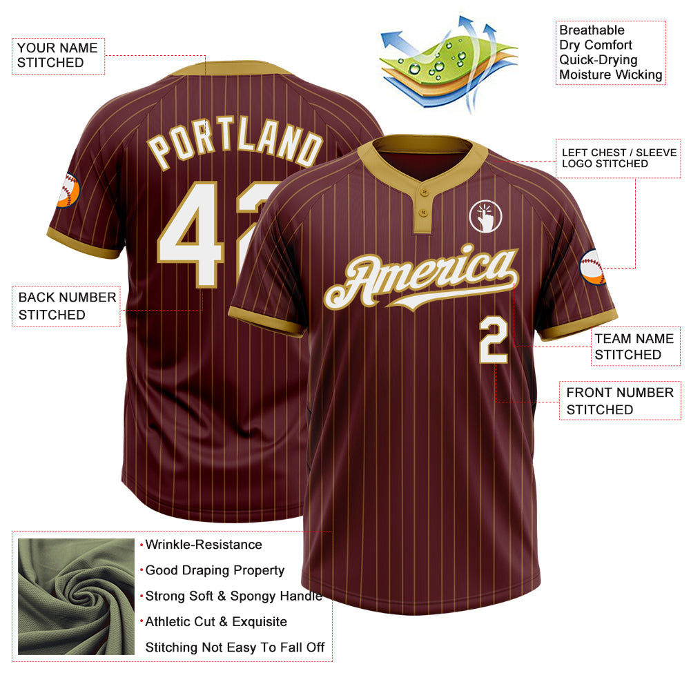 Custom Burgundy Old Gold Pinstripe White Two-Button Unisex Softball Jersey view 3
