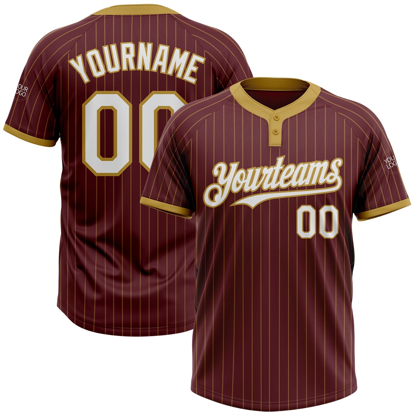 Custom Burgundy Old Gold Pinstripe White Two-Button Unisex Softball Jersey - Main View