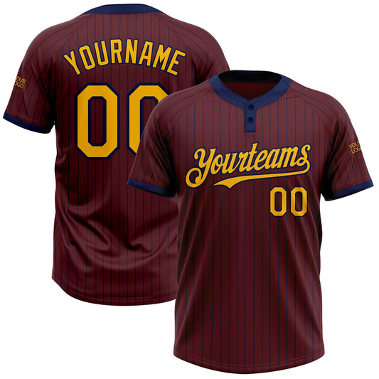 Custom Burgundy Navy Pinstripe Gold Two-Button Unisex Softball Jersey - Main View