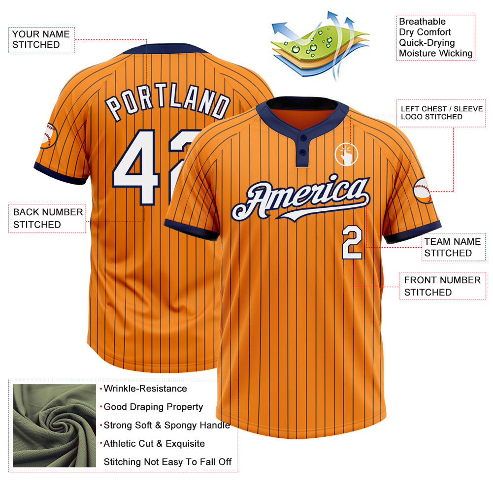 Custom Bay Orange Navy Pinstripe White Two-Button Unisex Softball Jersey view 3