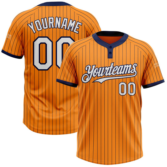 Custom Bay Orange Navy Pinstripe White Two-Button Unisex Softball Jersey - Main View