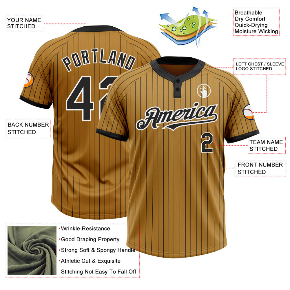 Custom Old Gold Black Pinstripe White Two-Button Unisex Softball Jersey view 3