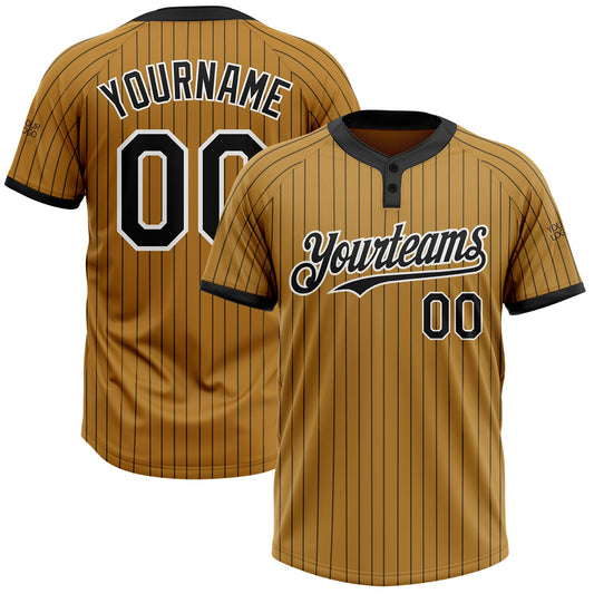 Custom Old Gold Black Pinstripe White Two-Button Unisex Softball Jersey - Main View