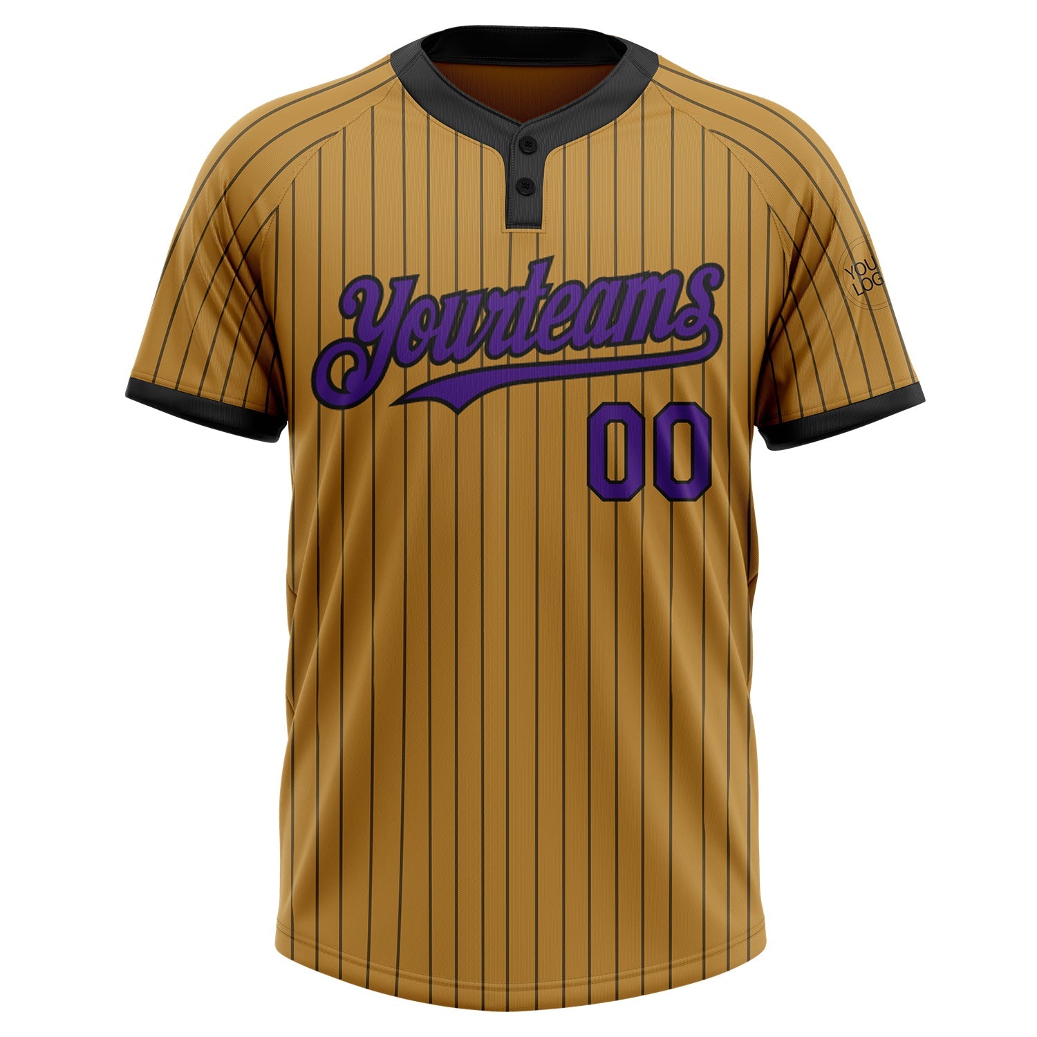 Custom Old Gold Black Pinstripe Purple Two-Button Unisex Softball Jersey view 2