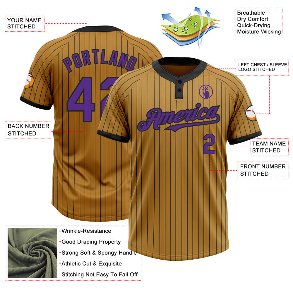 Custom Old Gold Black Pinstripe Purple Two-Button Unisex Softball Jersey view 3