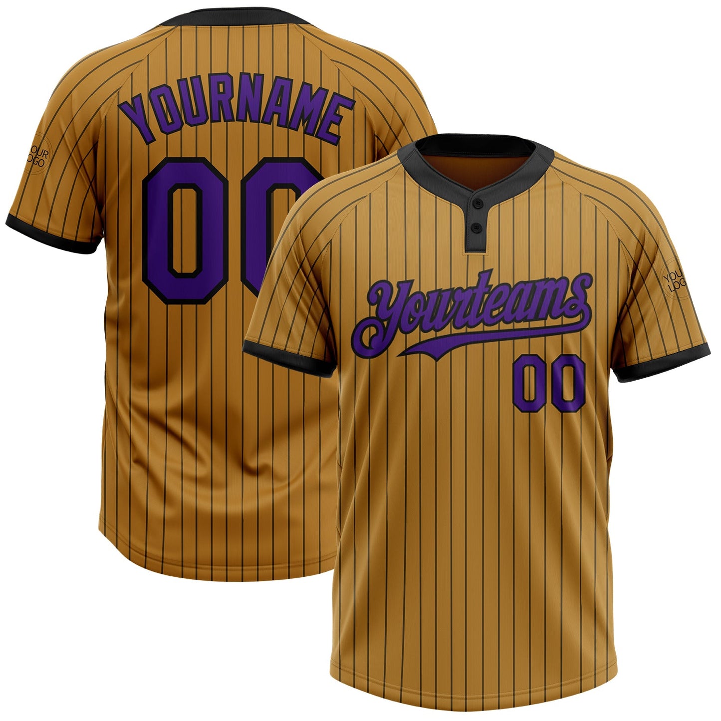 Custom Old Gold Black Pinstripe Purple Two-Button Unisex Softball Jersey - Main View