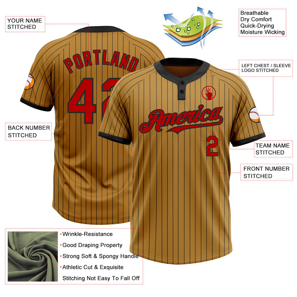 Custom Old Gold Black Pinstripe Red Two-Button Unisex Softball Jersey view 3