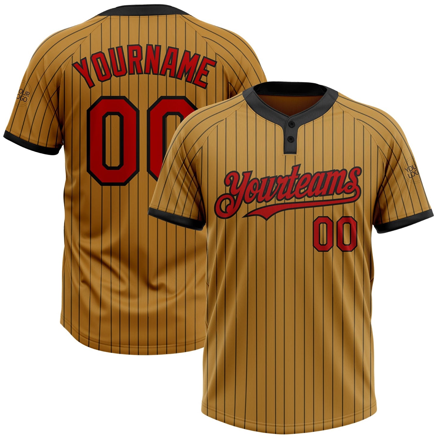 Custom Old Gold Black Pinstripe Red Two-Button Unisex Softball Jersey - Main View