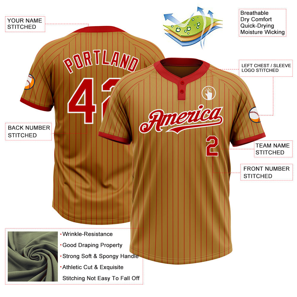 Custom Old Gold Red Pinstripe White Two-Button Unisex Softball Jersey view 3