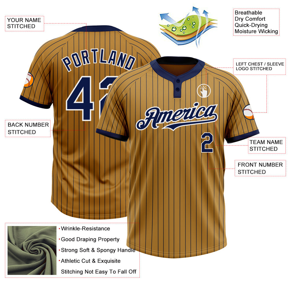 Custom Old Gold Navy Pinstripe White Two-Button Unisex Softball Jersey view 3