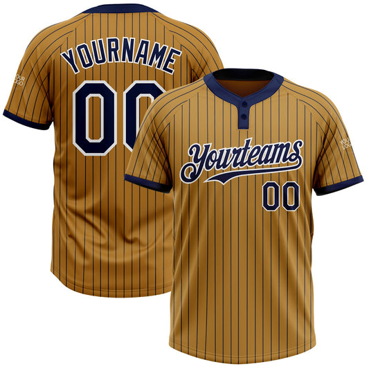 Custom Old Gold Navy Pinstripe White Two-Button Unisex Softball Jersey - Main View