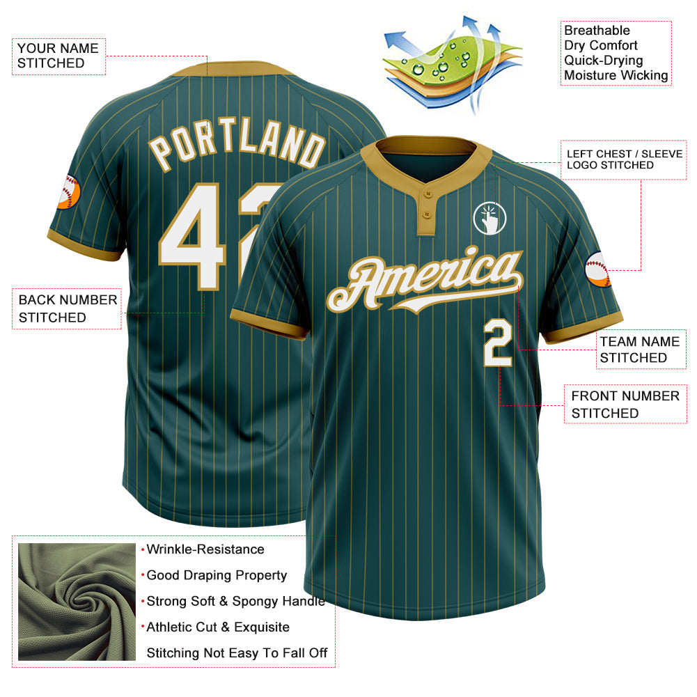 Custom Midnight Green Old Gold Pinstripe White Two-Button Unisex Softball Jersey view 3