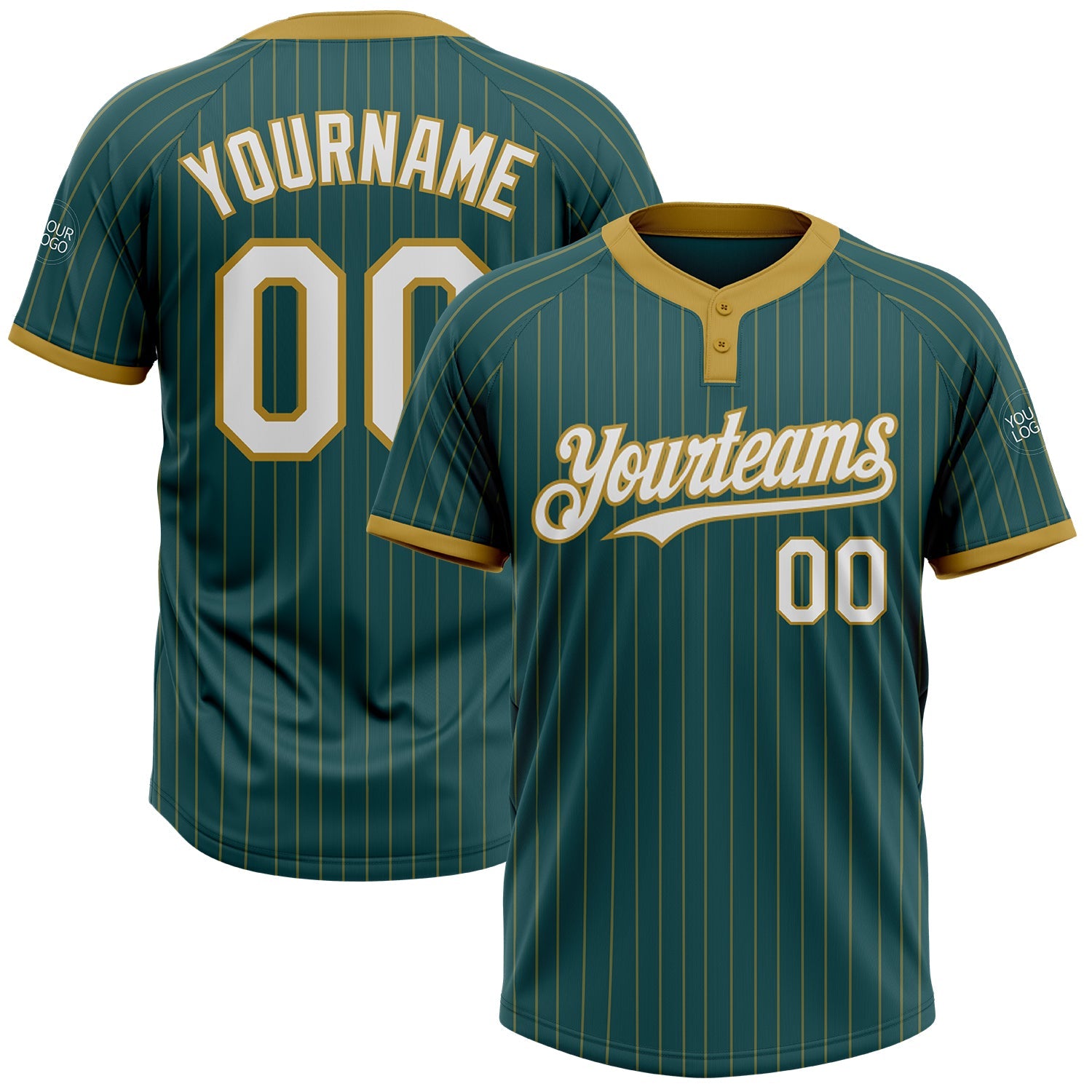 Custom Midnight Green Old Gold Pinstripe White Two-Button Unisex Softball Jersey - Main View