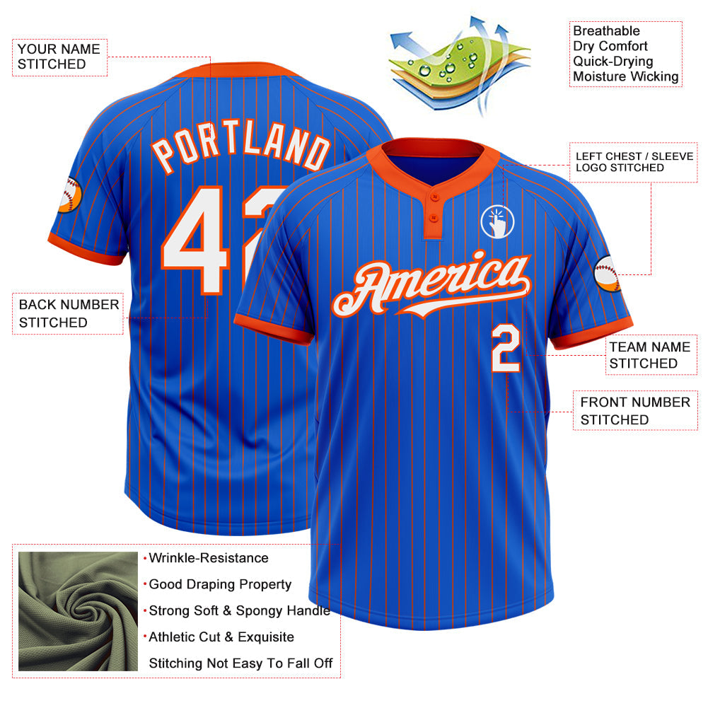 Custom Thunder Blue Orange Pinstripe White Two-Button Unisex Softball Jersey view 3