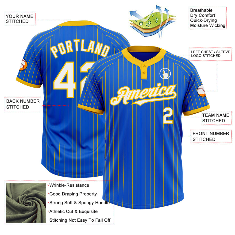 Custom Thunder Blue Yellow Pinstripe White Two-Button Unisex Softball Jersey view 3
