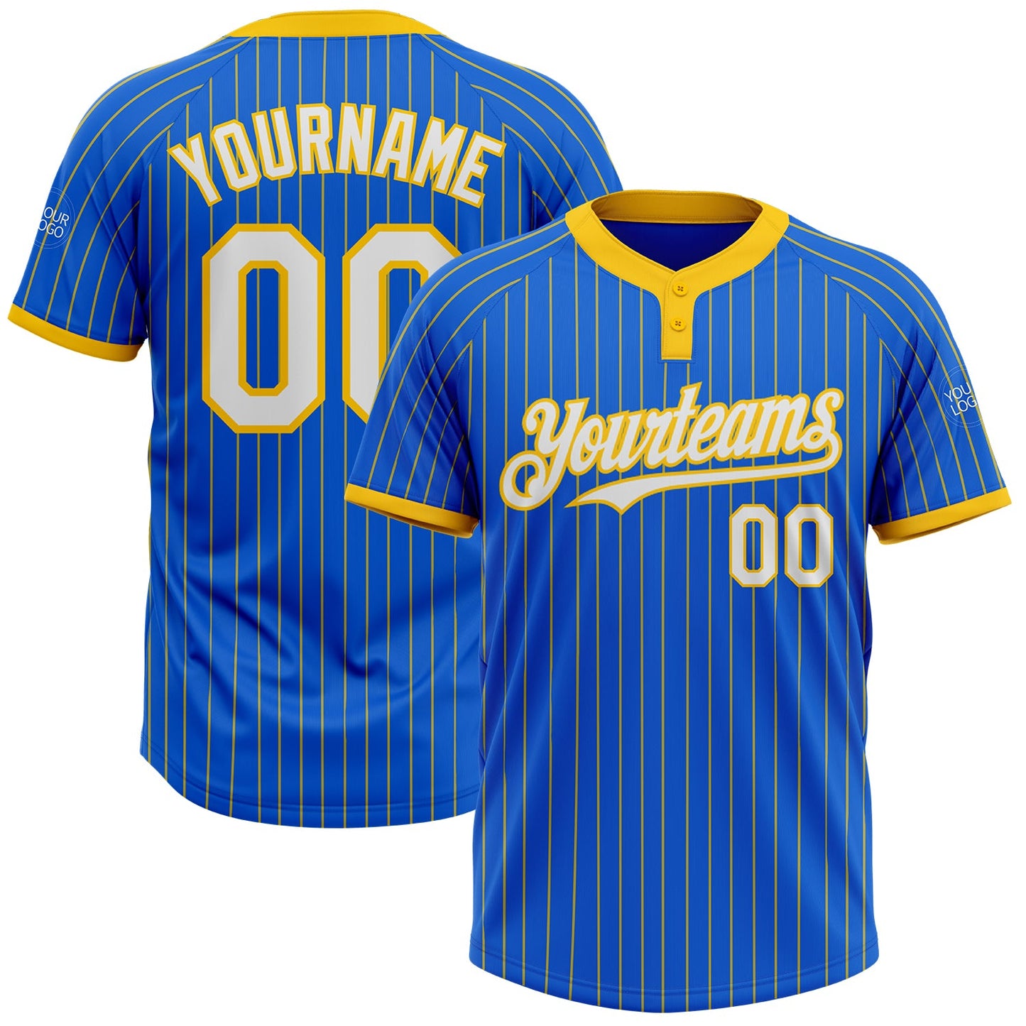 Custom Thunder Blue Yellow Pinstripe White Two-Button Unisex Softball Jersey - Main View