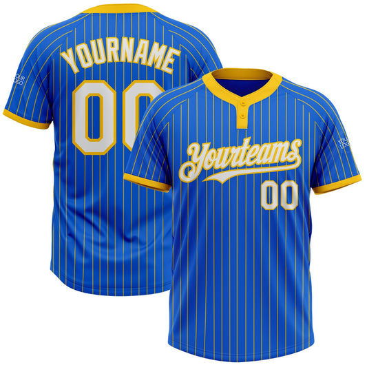 Custom Thunder Blue Yellow Pinstripe White Two-Button Unisex Softball Jersey - Main View