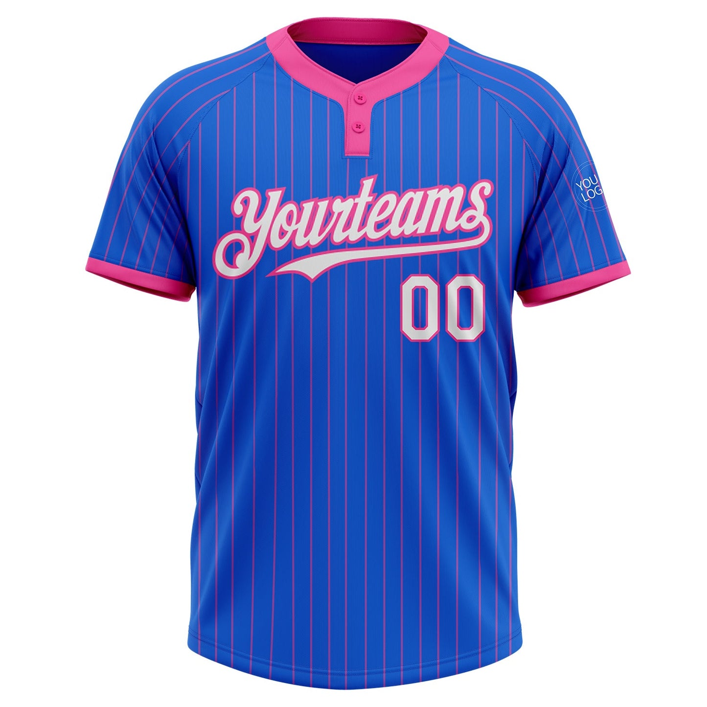 Custom Thunder Blue Pink Pinstripe White Two-Button Unisex Softball Jersey view 2