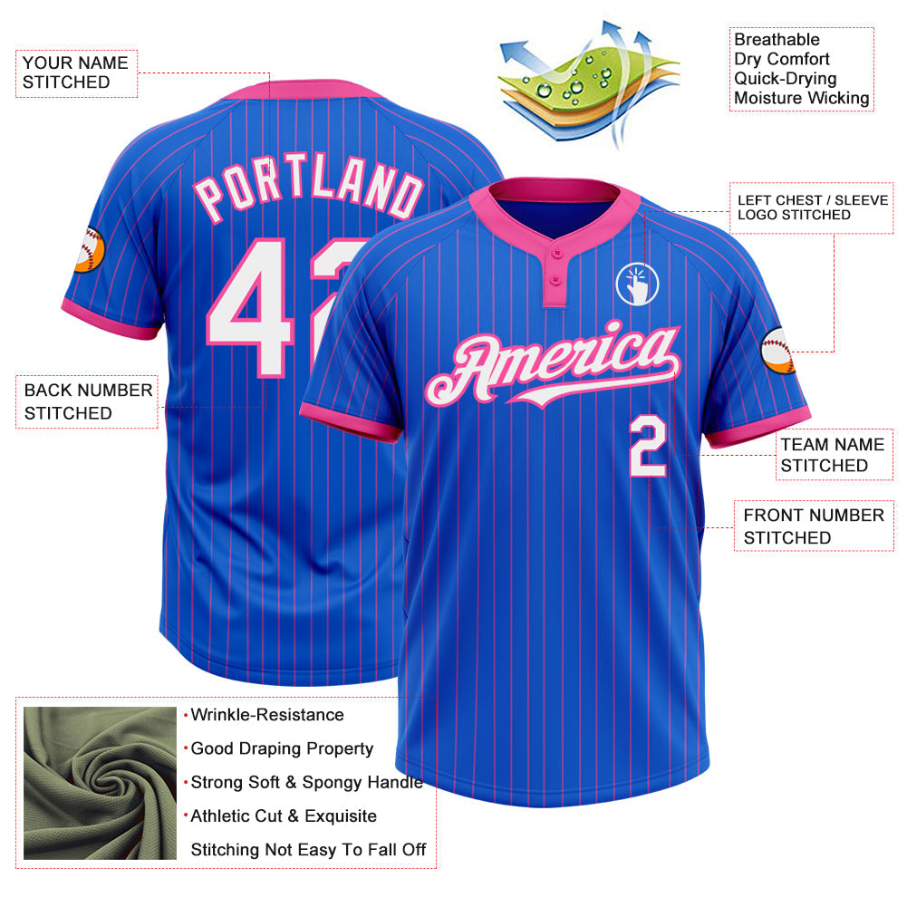 Custom Thunder Blue Pink Pinstripe White Two-Button Unisex Softball Jersey view 3