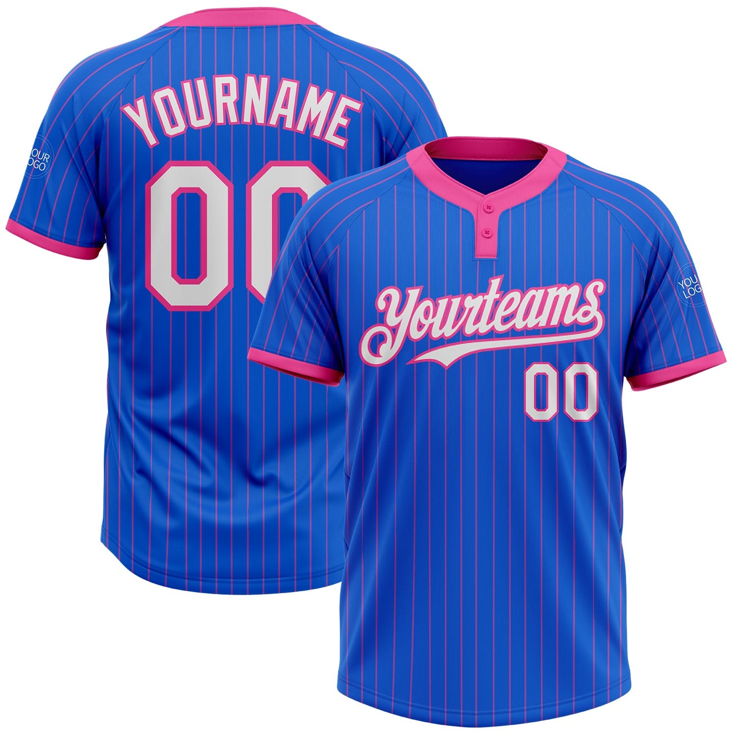 Custom Thunder Blue Pink Pinstripe White Two-Button Unisex Softball Jersey - Main View