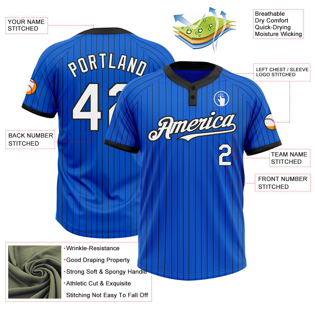 Custom Thunder Blue Black Pinstripe White Two-Button Unisex Softball Jersey view 3