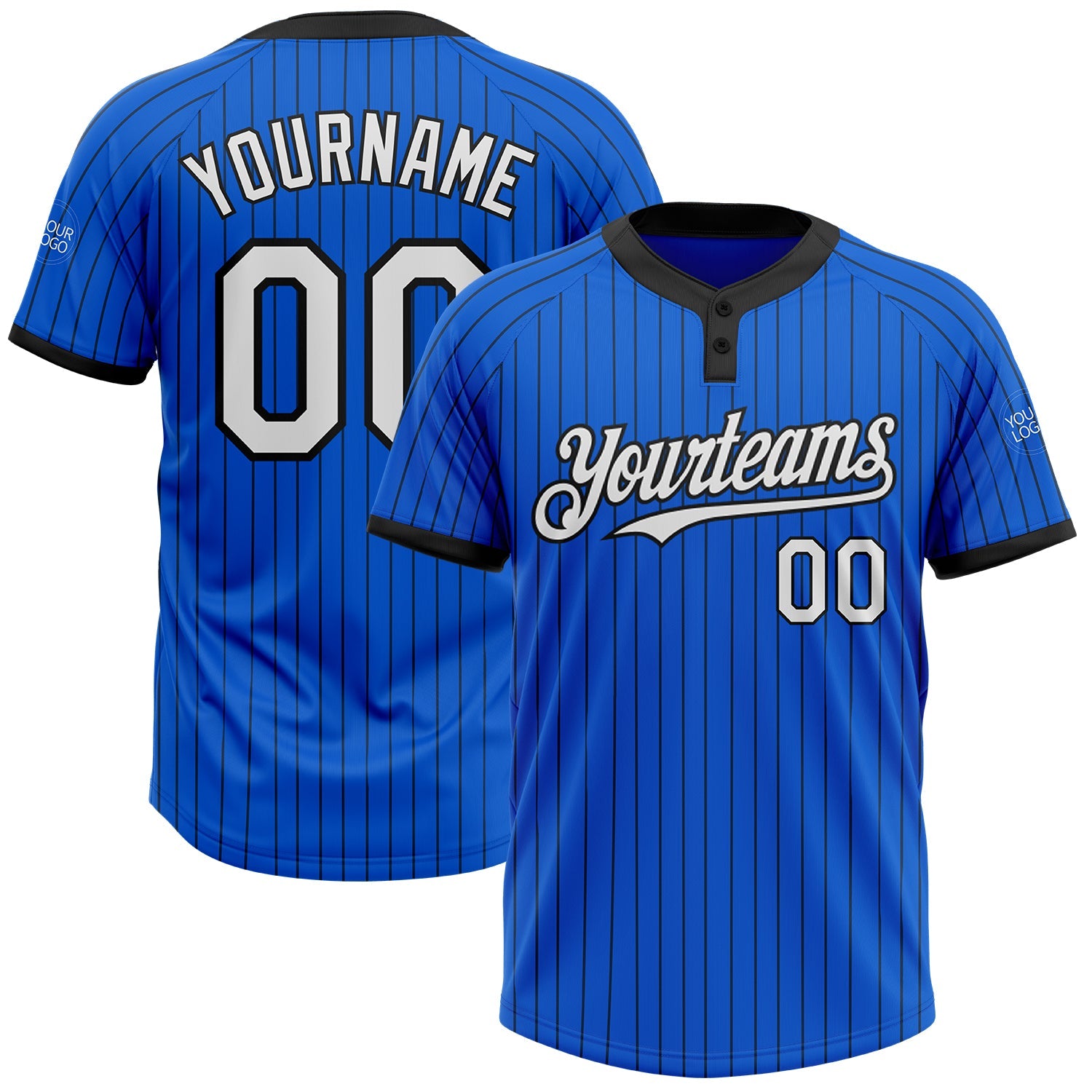 Custom Thunder Blue Black Pinstripe White Two-Button Unisex Softball Jersey - Main View