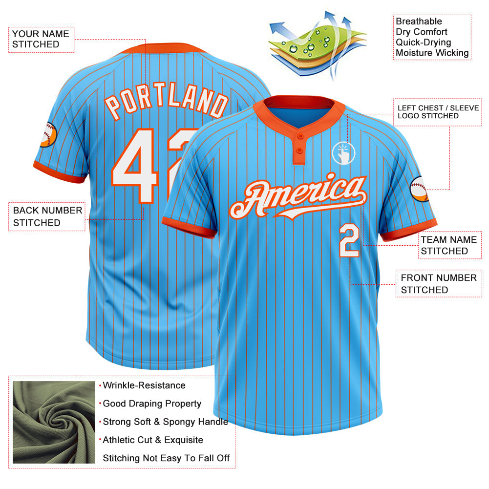 Custom Sky Blue Orange Pinstripe White Two-Button Unisex Softball Jersey view 3