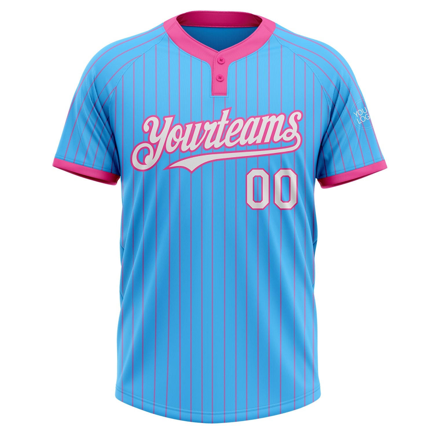 Custom Sky Blue Pink Pinstripe White Two-Button Unisex Softball Jersey view 2