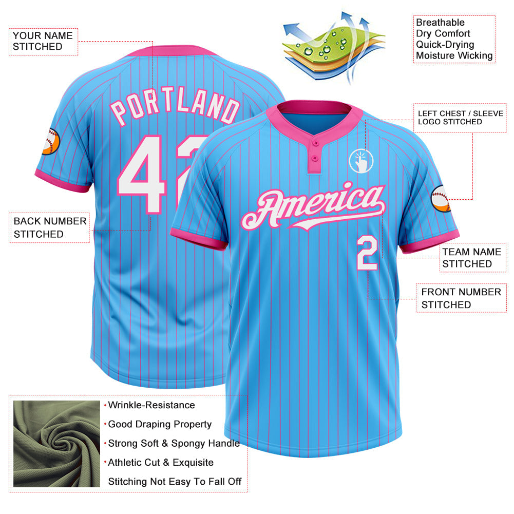 Custom Sky Blue Pink Pinstripe White Two-Button Unisex Softball Jersey view 3