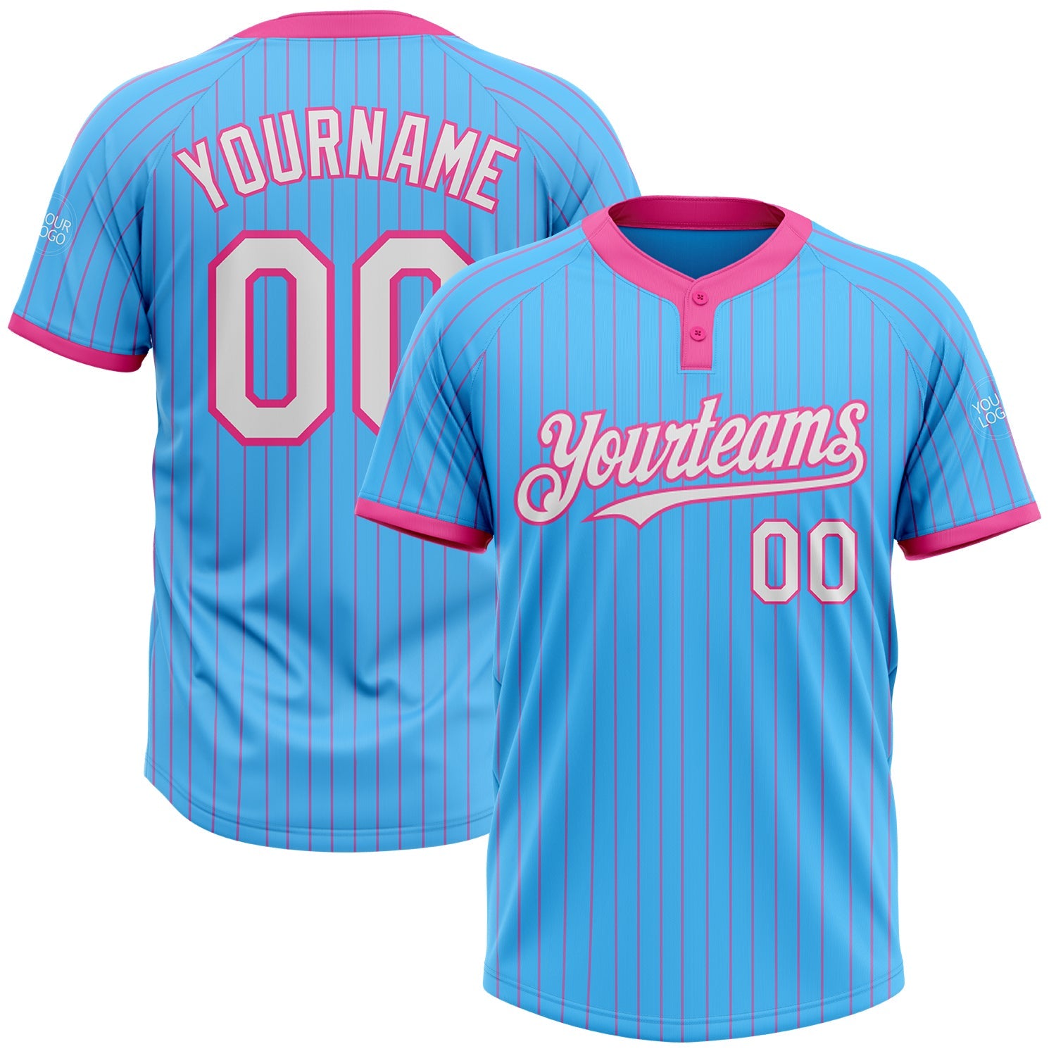 Custom Sky Blue Pink Pinstripe White Two-Button Unisex Softball Jersey - Main View